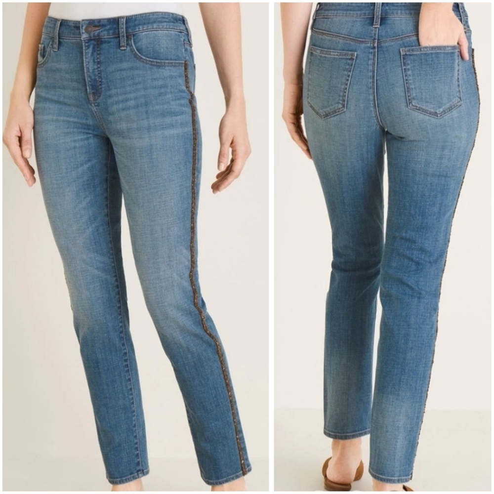 Chico's So Slimming Metallic Side Stripe Girlfriend Ankle Blue Denim Jeans 3R XL